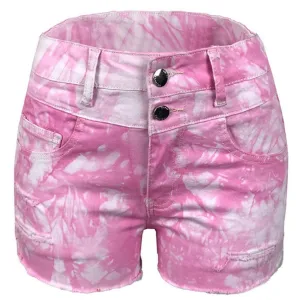 Double Button Shorts Women's Mid Waist Tie-dye Denim Shorts