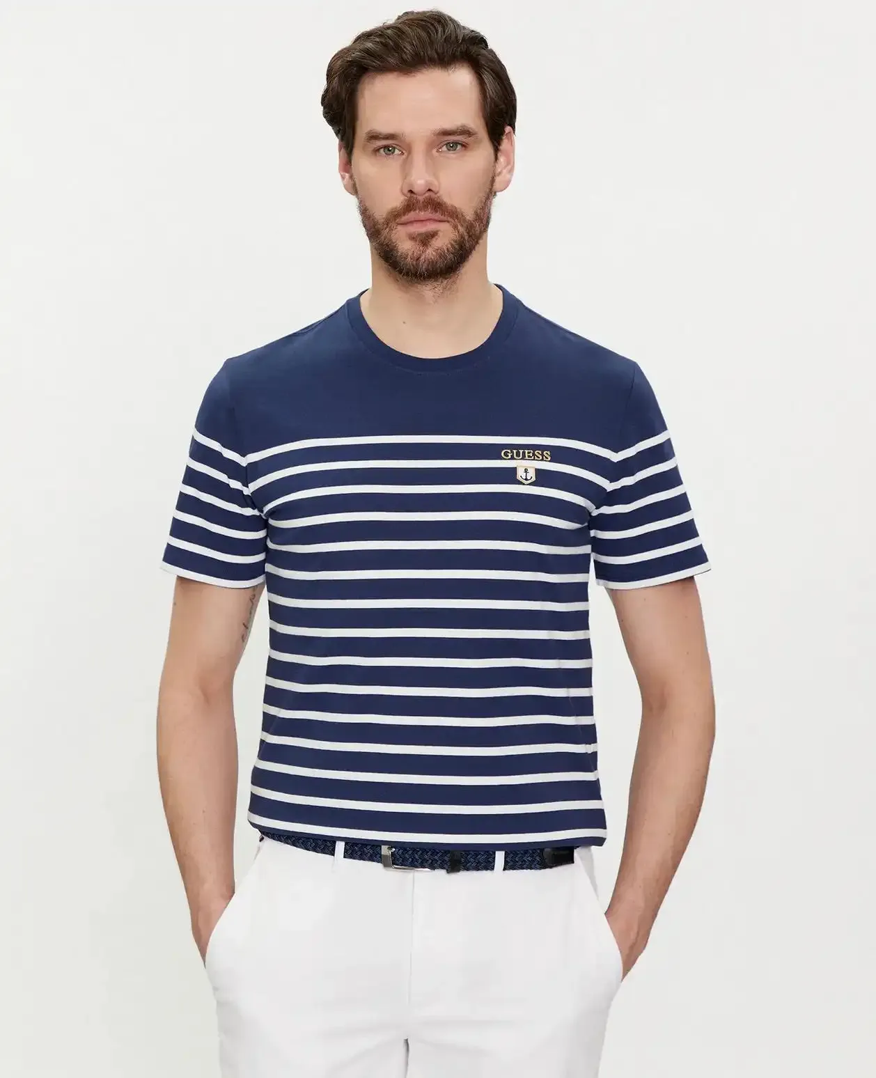 Guess Men's Short Sleeve CN YD Striped T-Shirt Navy/White