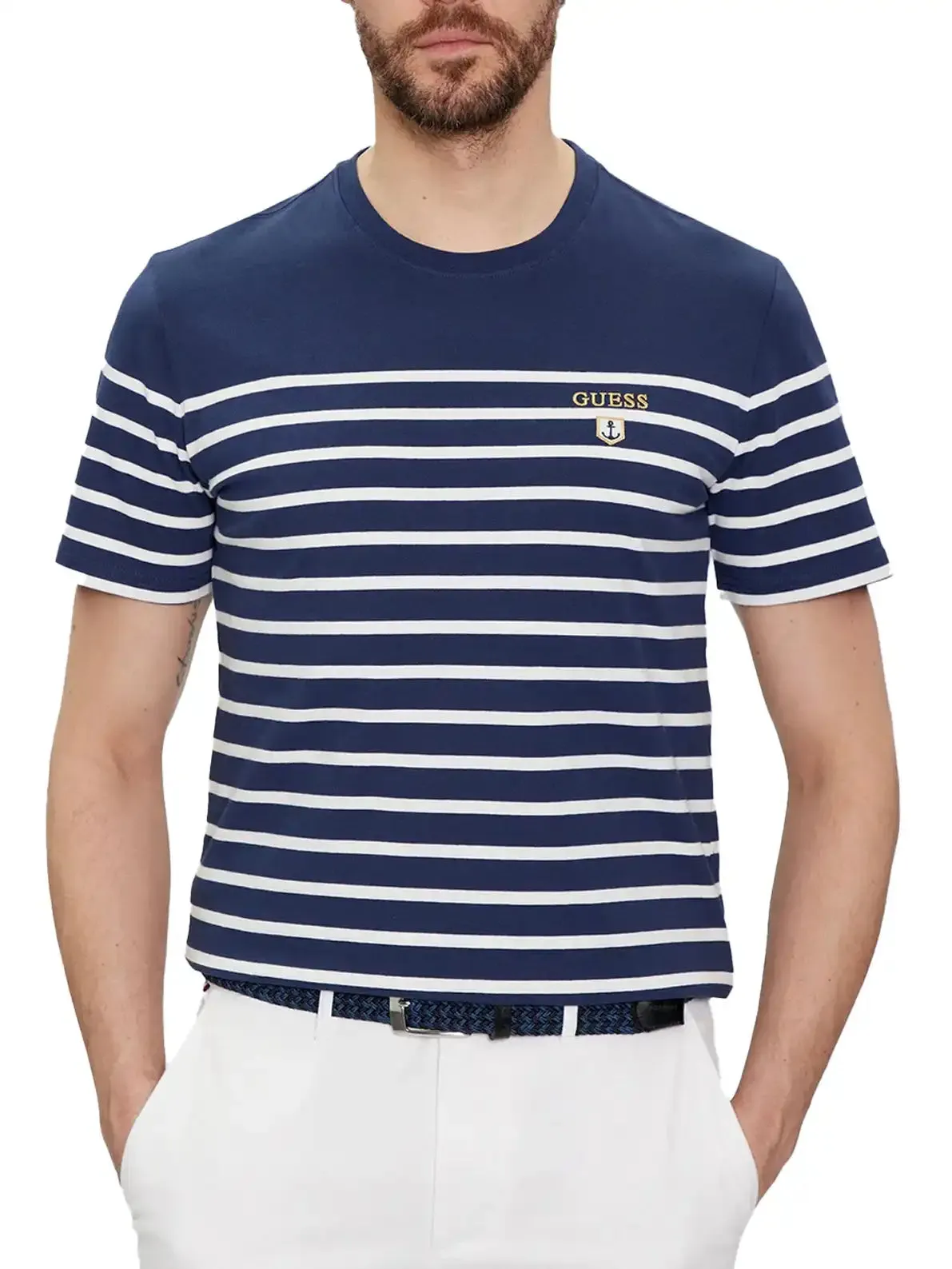 Guess Men's Short Sleeve CN YD Striped T-Shirt Navy/White