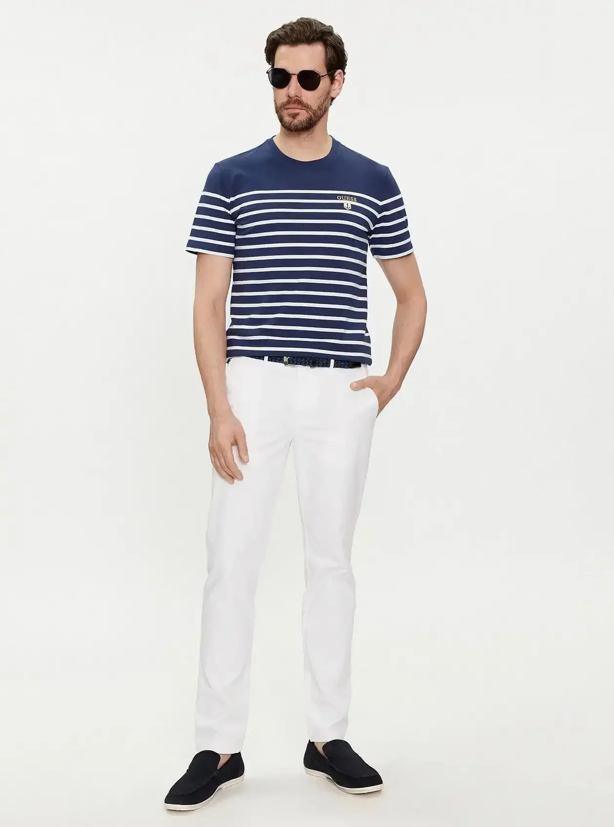 Guess Men's Short Sleeve CN YD Striped T-Shirt Navy/White