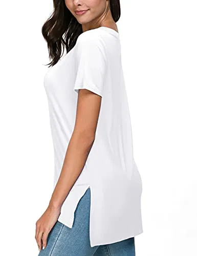 Herou Summer Tops for Womens Short Sleeve T-Shirts Tees with Side Split (1-White, Small)