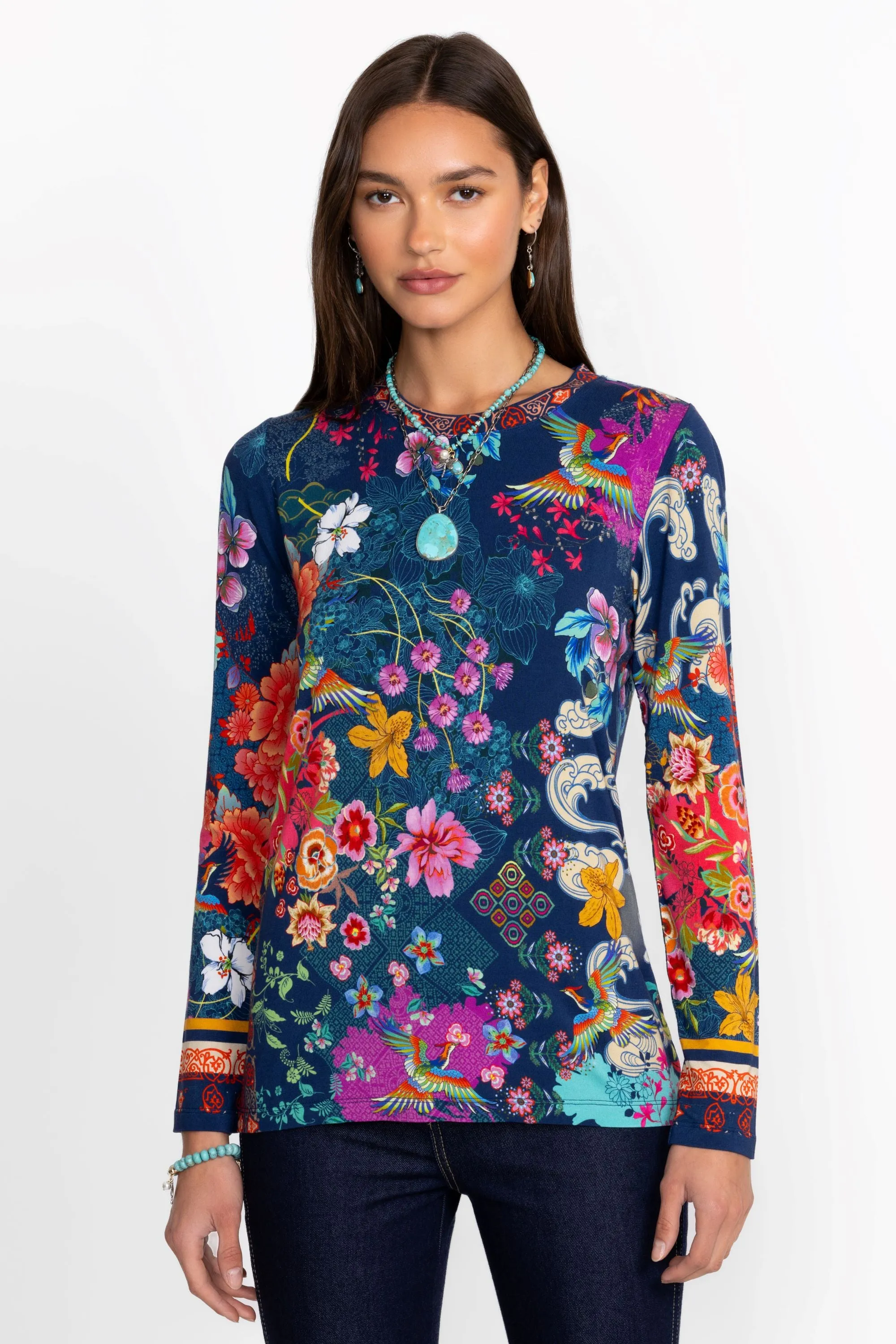 Johnny Was Janie Favorite Long Crewneck Tee Floral Shirt Mcdreamer Top Blue NEW