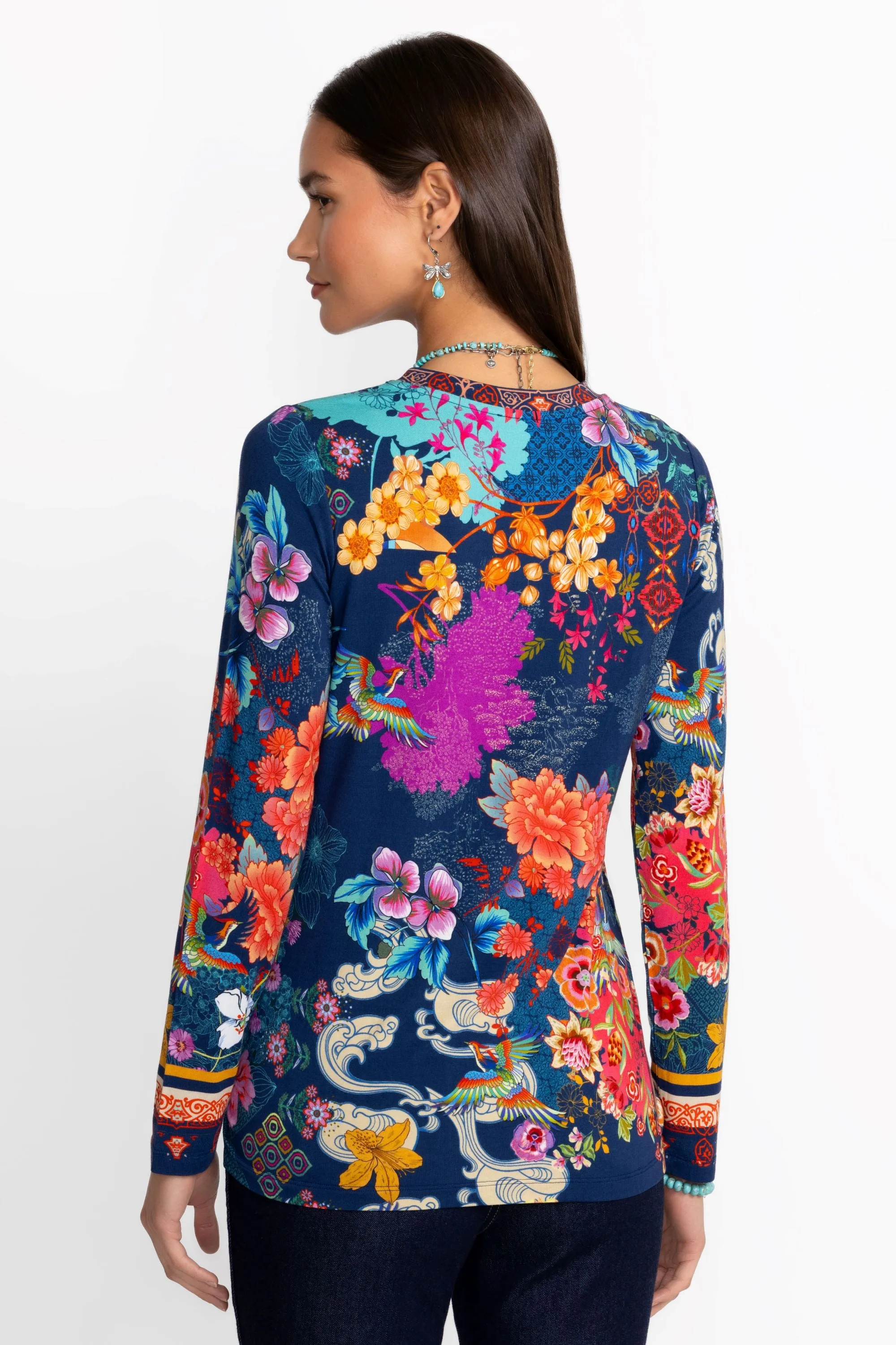 Johnny Was Janie Favorite Long Crewneck Tee Floral Shirt Mcdreamer Top Blue NEW