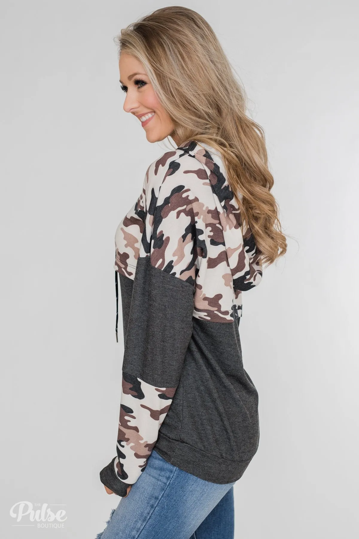 Just That Good Camo Hoodie- Charcoal