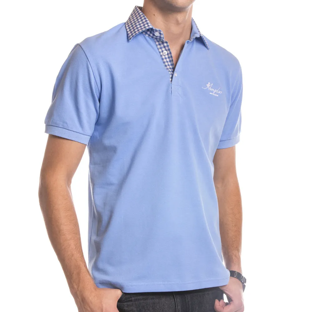 Light Blue Checkered Mens Slim Fit Polo Shirts - 100% Soft Cotton - Tailored Comfortable Fit