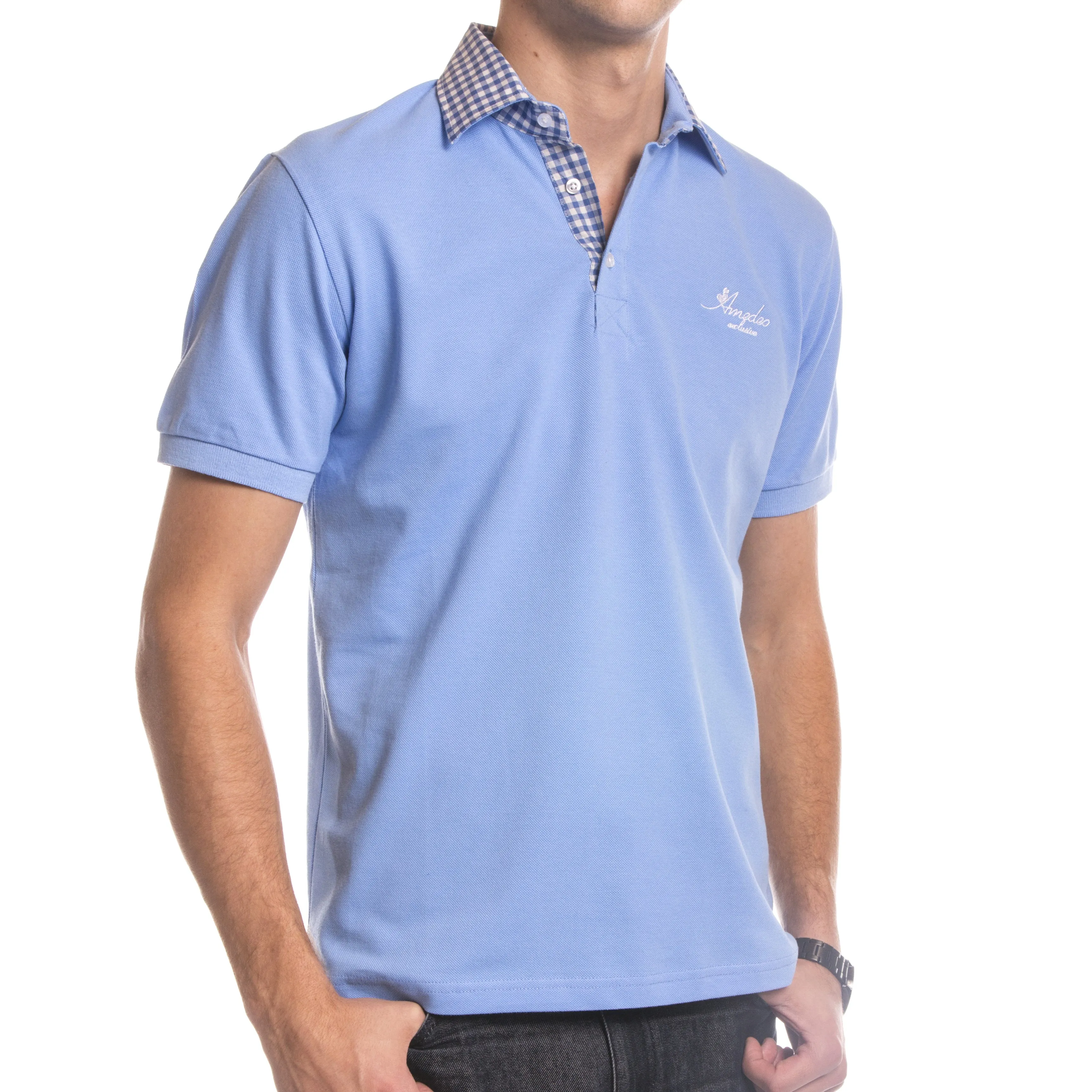 Light Blue Checkered Mens Slim Fit Polo Shirts - 100% Soft Cotton - Tailored Comfortable Fit