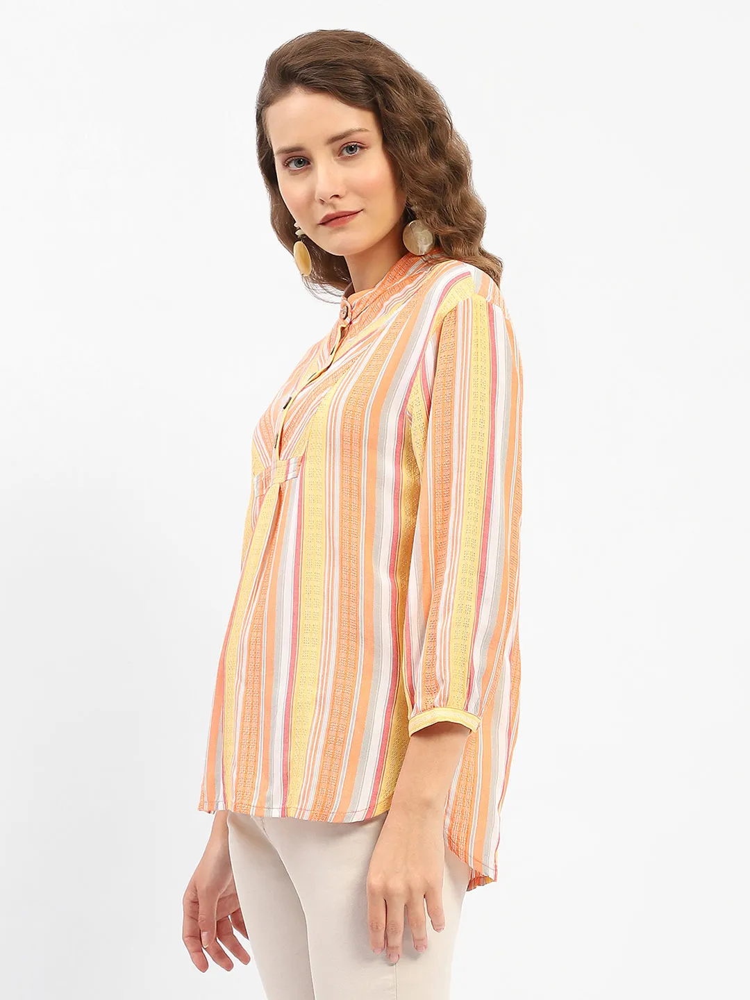 Madame Mandarin Collar Modal Cotton Striped Shirt