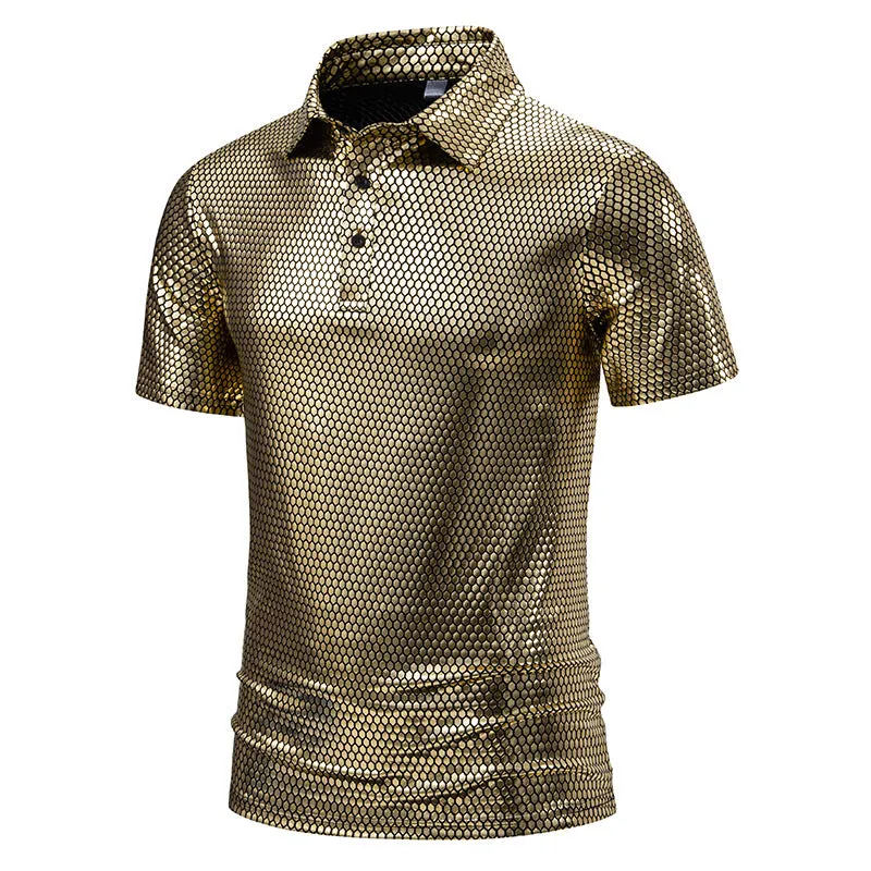 Men Turnover Collar Buttons Ombre Glossy Short Sleeves T-Shirt