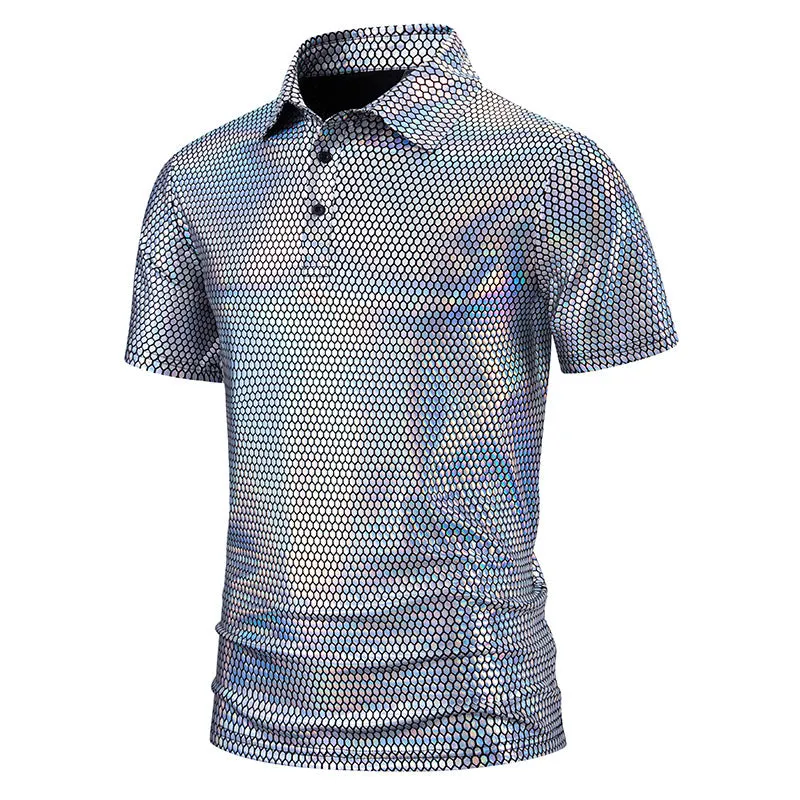 Men Turnover Collar Buttons Ombre Glossy Short Sleeves T-Shirt