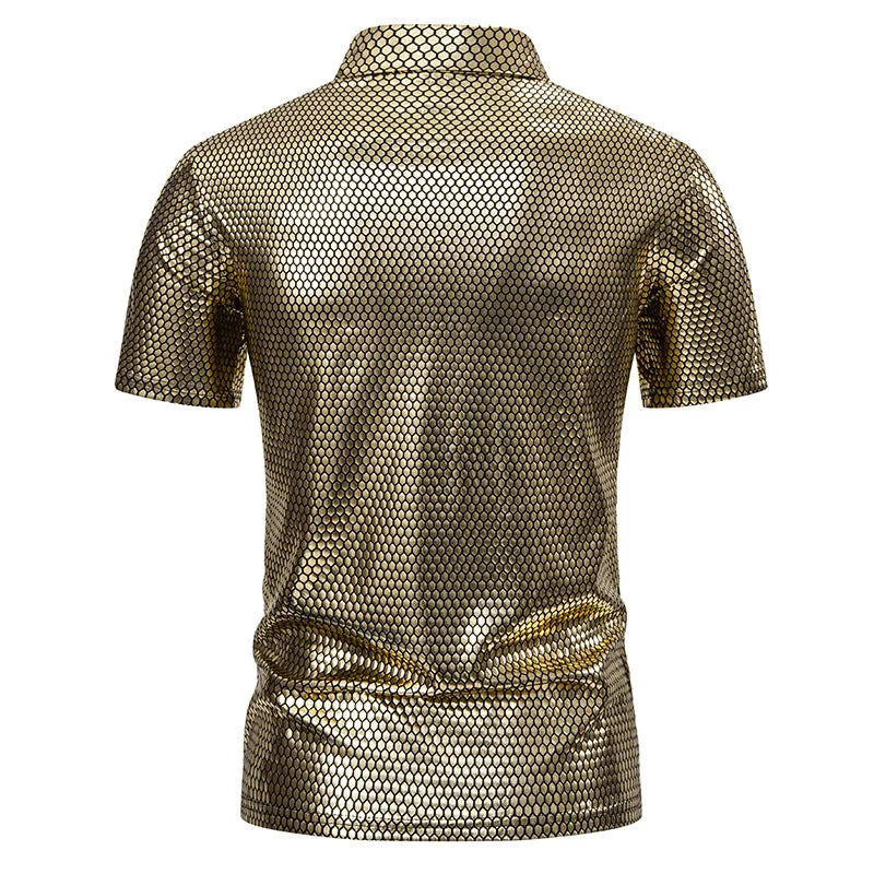 Men Turnover Collar Buttons Ombre Glossy Short Sleeves T-Shirt