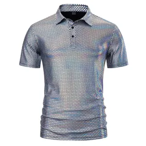 Men Turnover Collar Buttons Ombre Glossy Short Sleeves T-Shirt