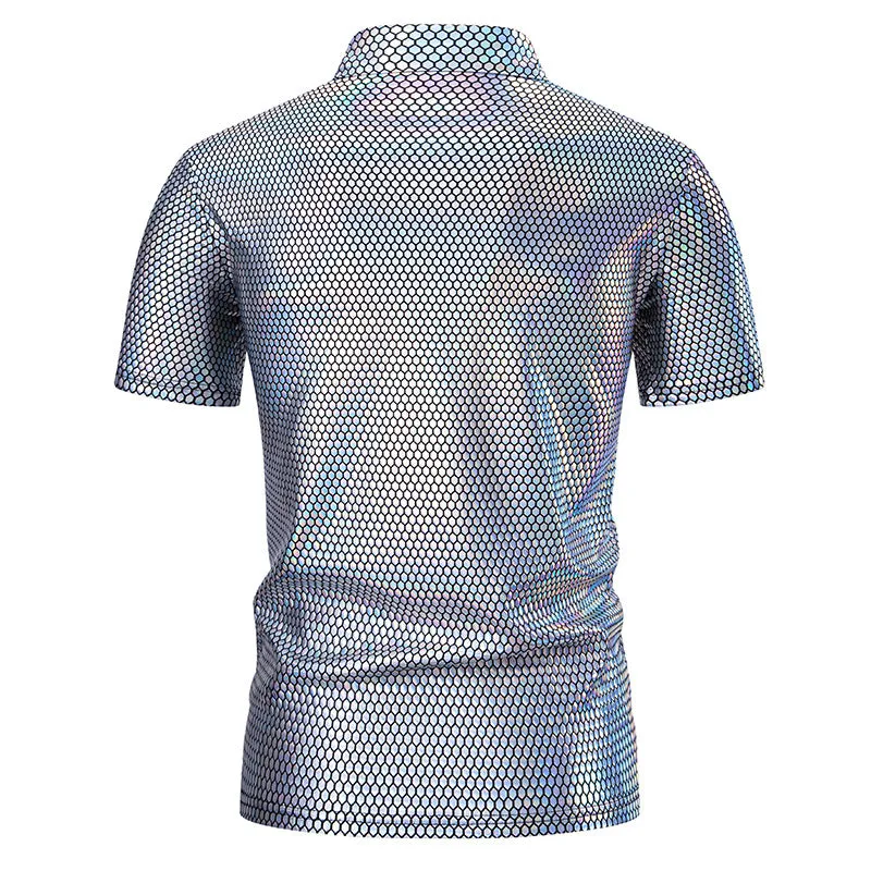 Men Turnover Collar Buttons Ombre Glossy Short Sleeves T-Shirt