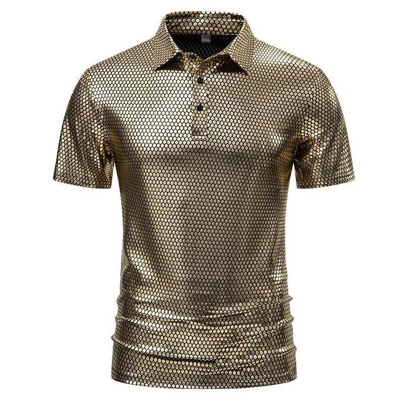 Men Turnover Collar Buttons Ombre Glossy Short Sleeves T-Shirt