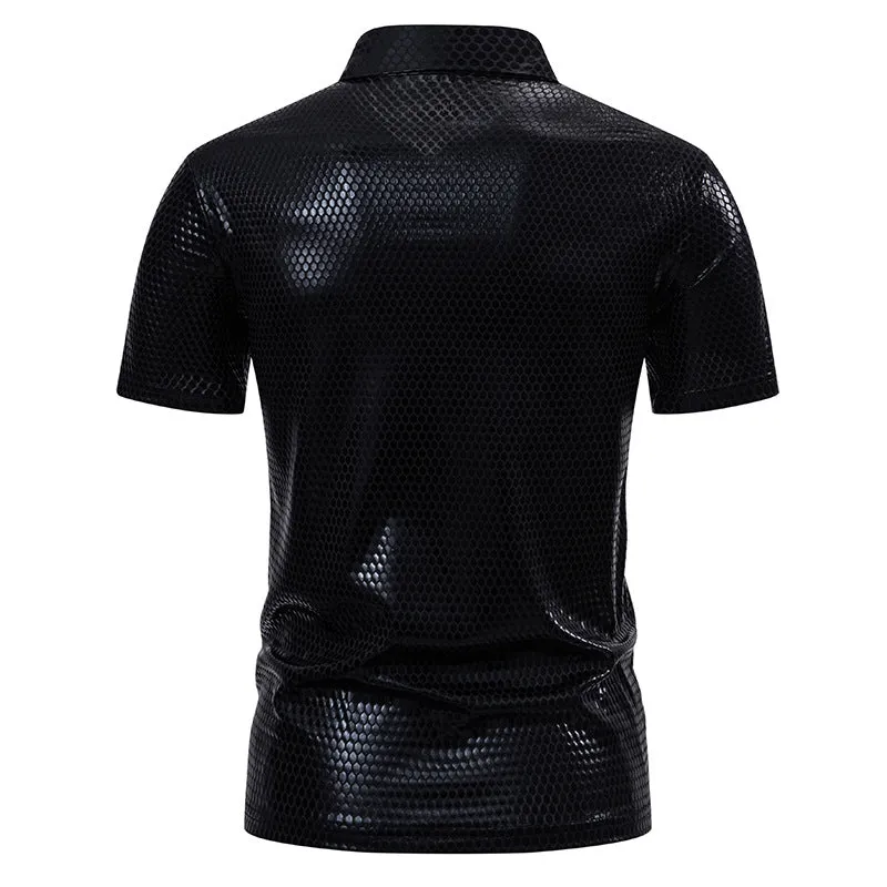 Men Turnover Collar Buttons Ombre Glossy Short Sleeves T-Shirt