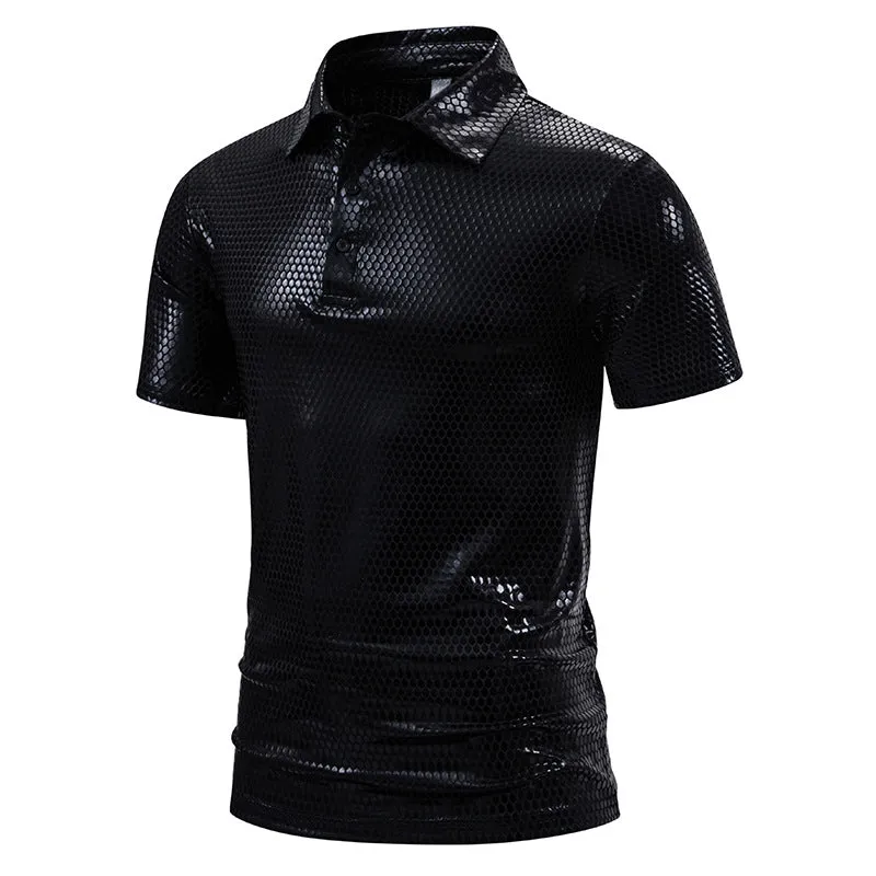 Men Turnover Collar Buttons Ombre Glossy Short Sleeves T-Shirt
