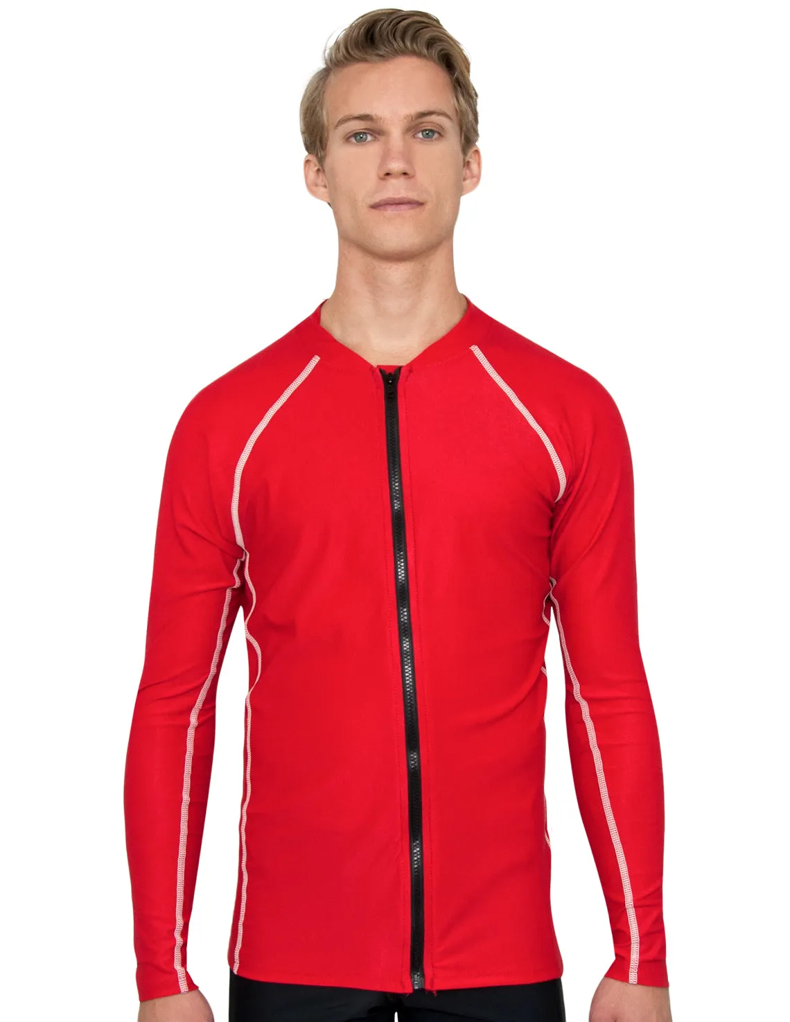 Men's  Chlorine Resistant Long Sleeve Zip Rash Guard - Red