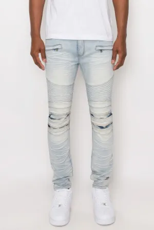 Men's Creased Light Blue Biker Denim Jeans