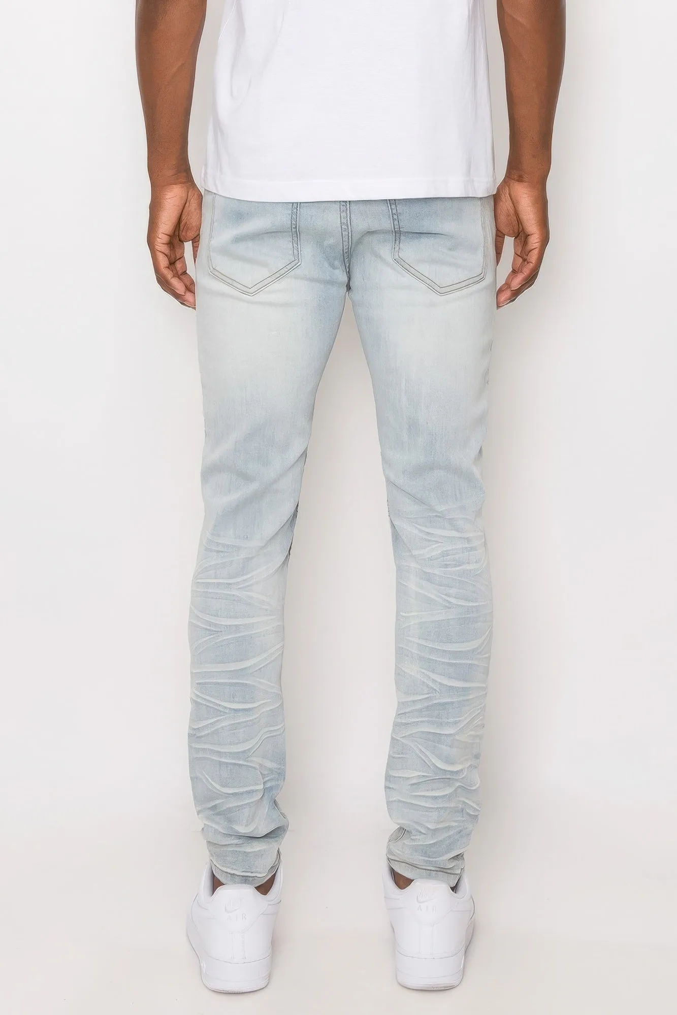 Men's Creased Light Blue Biker Denim Jeans