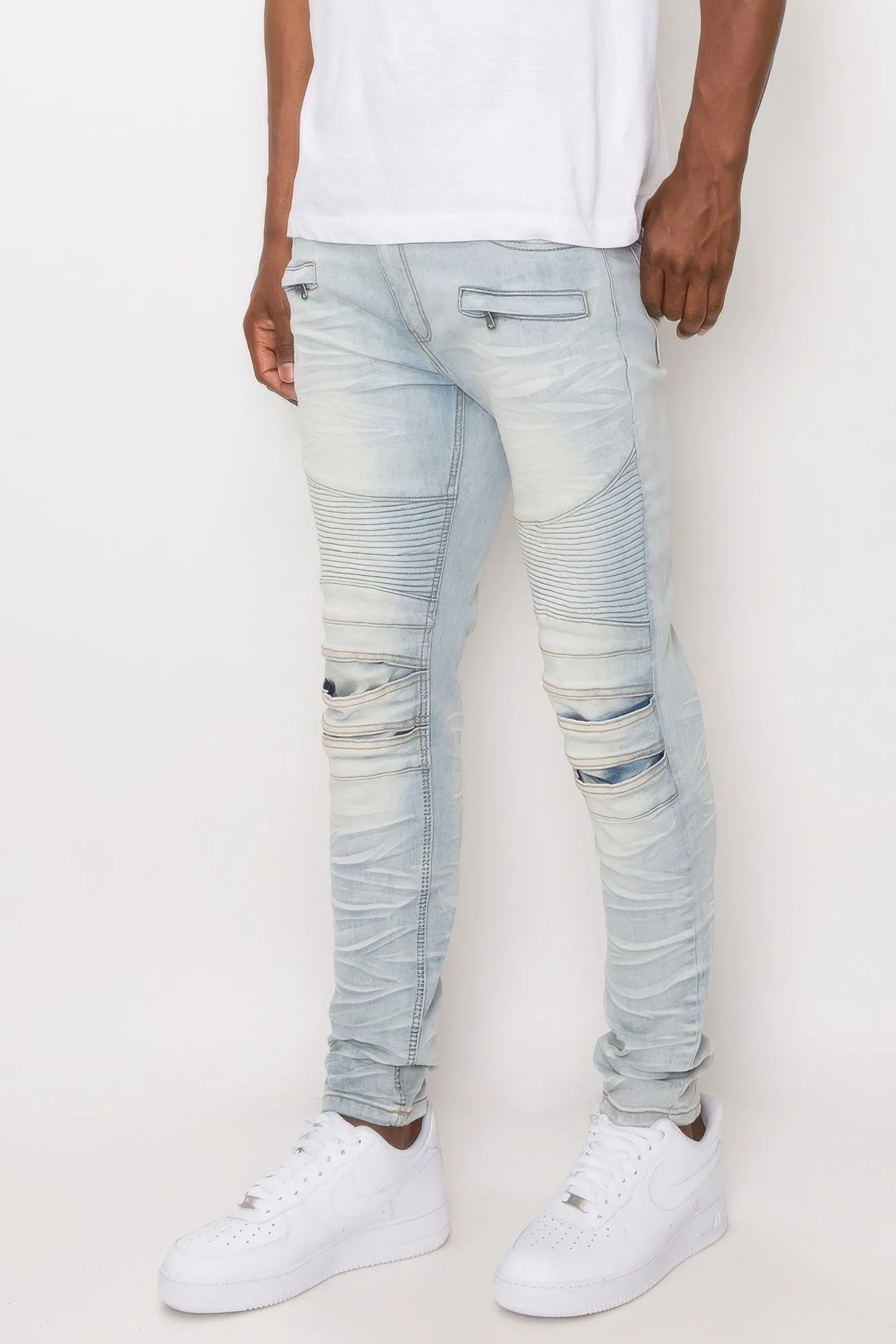 Men's Creased Light Blue Biker Denim Jeans