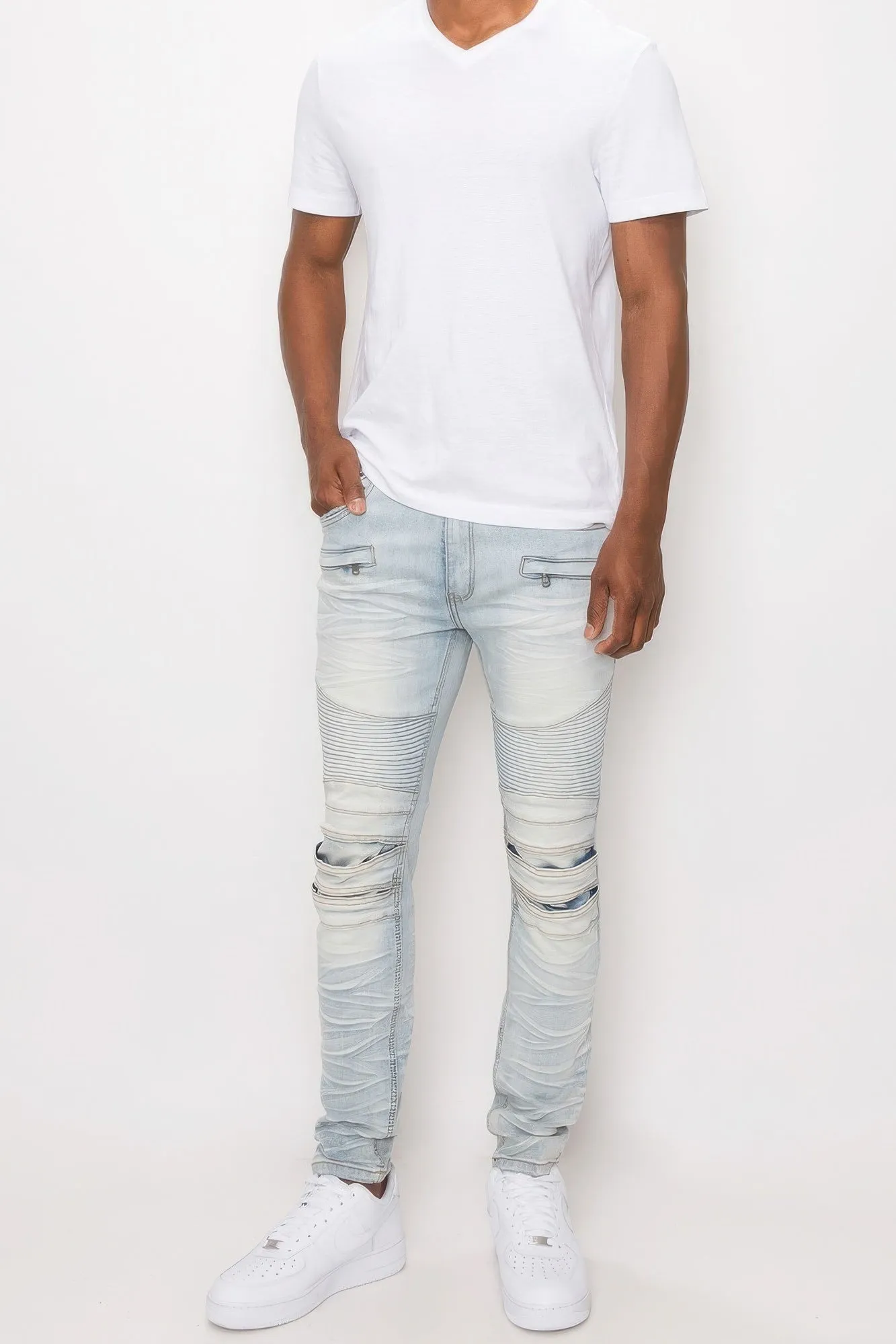 Men's Creased Light Blue Biker Denim Jeans