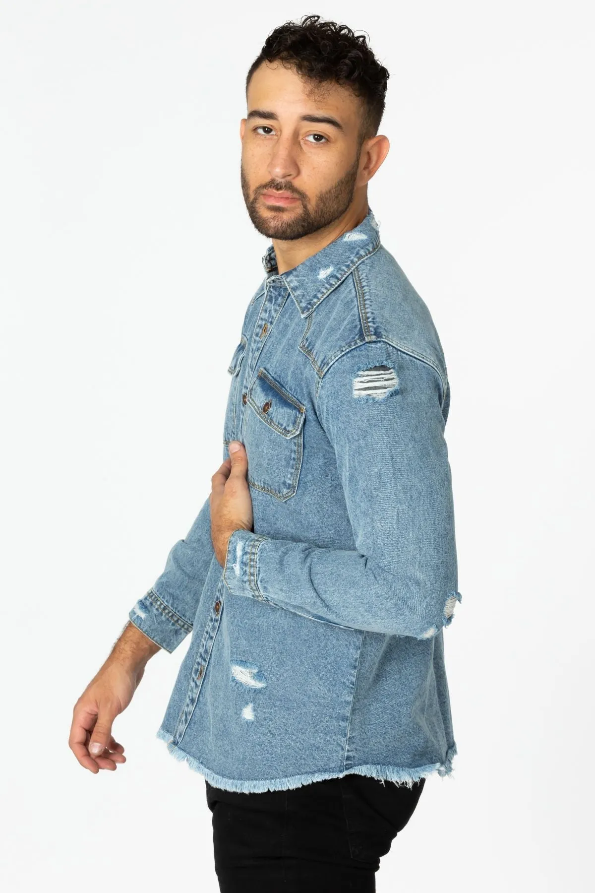 Men's Denim Shirt with Distressed