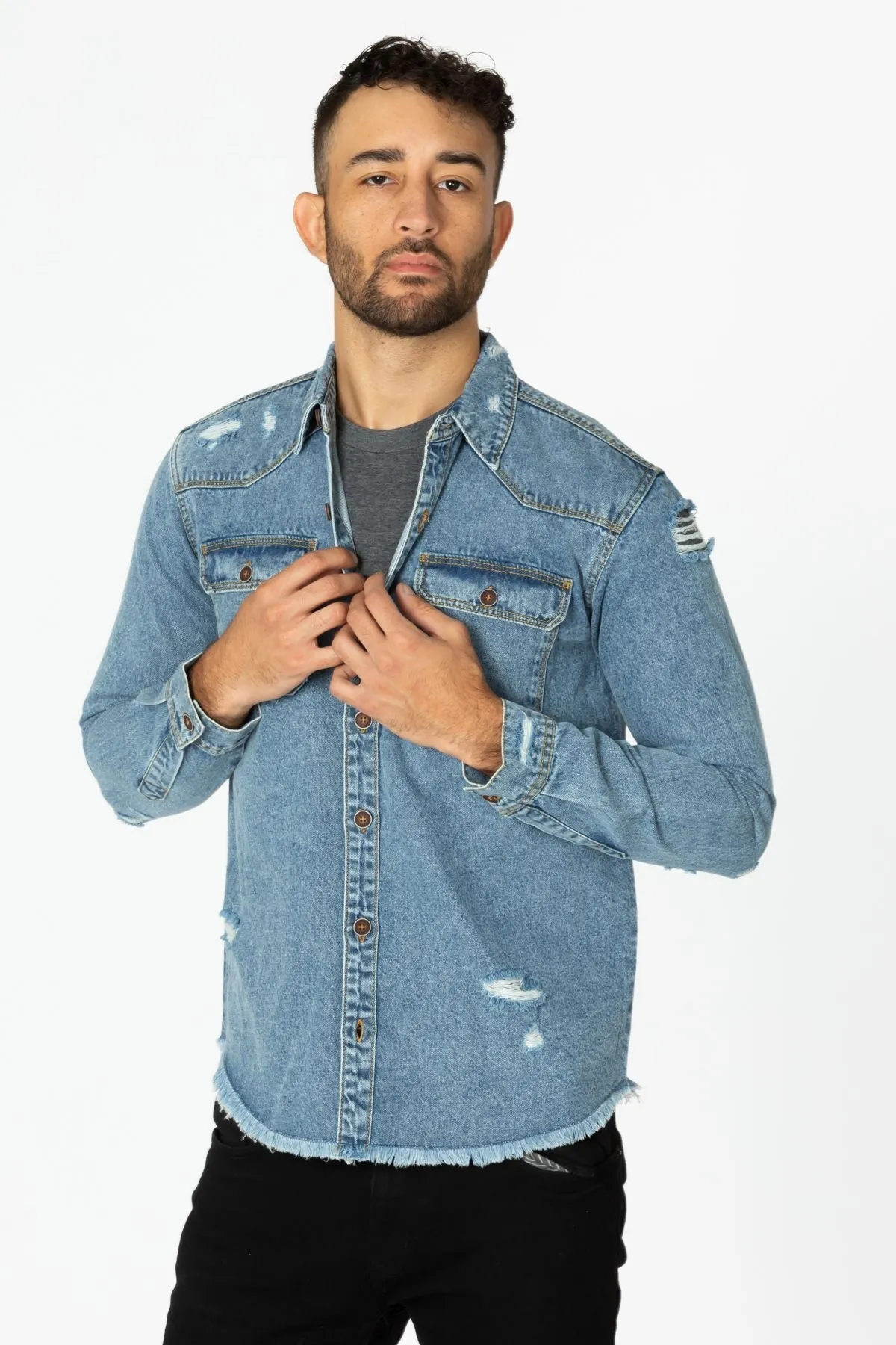 Men's Denim Shirt with Distressed