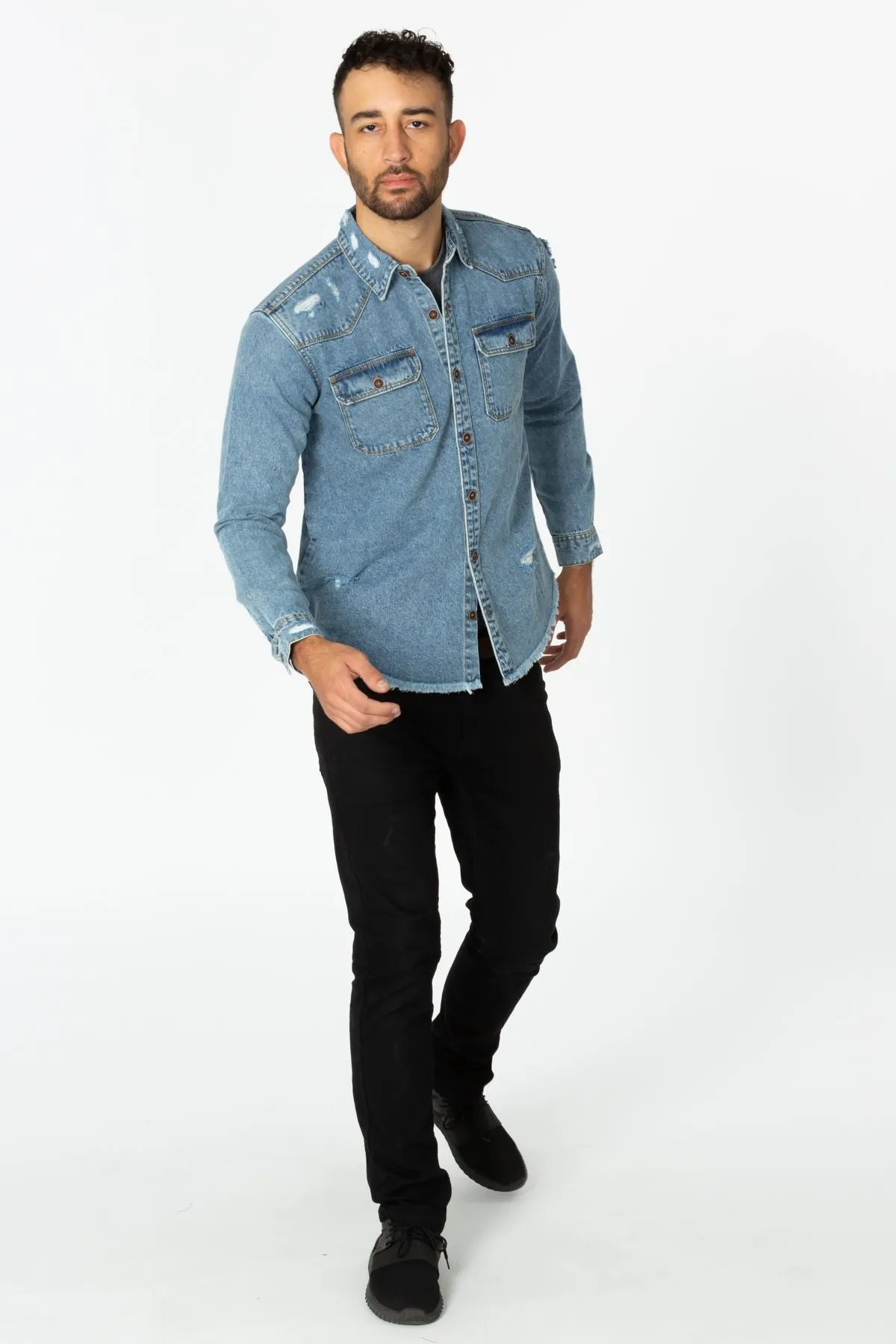 Men's Denim Shirt with Distressed