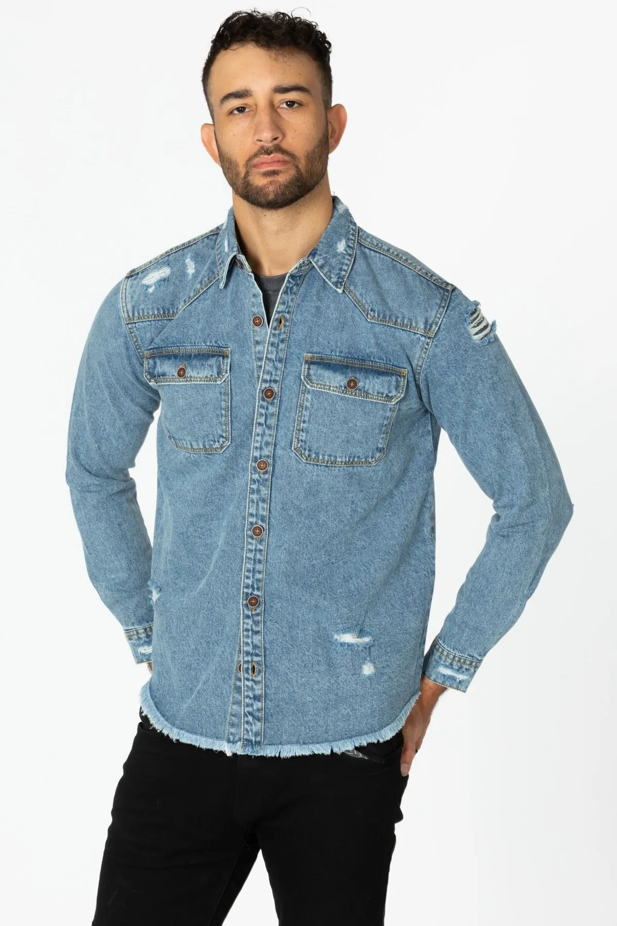 Men's Denim Shirt with Distressed