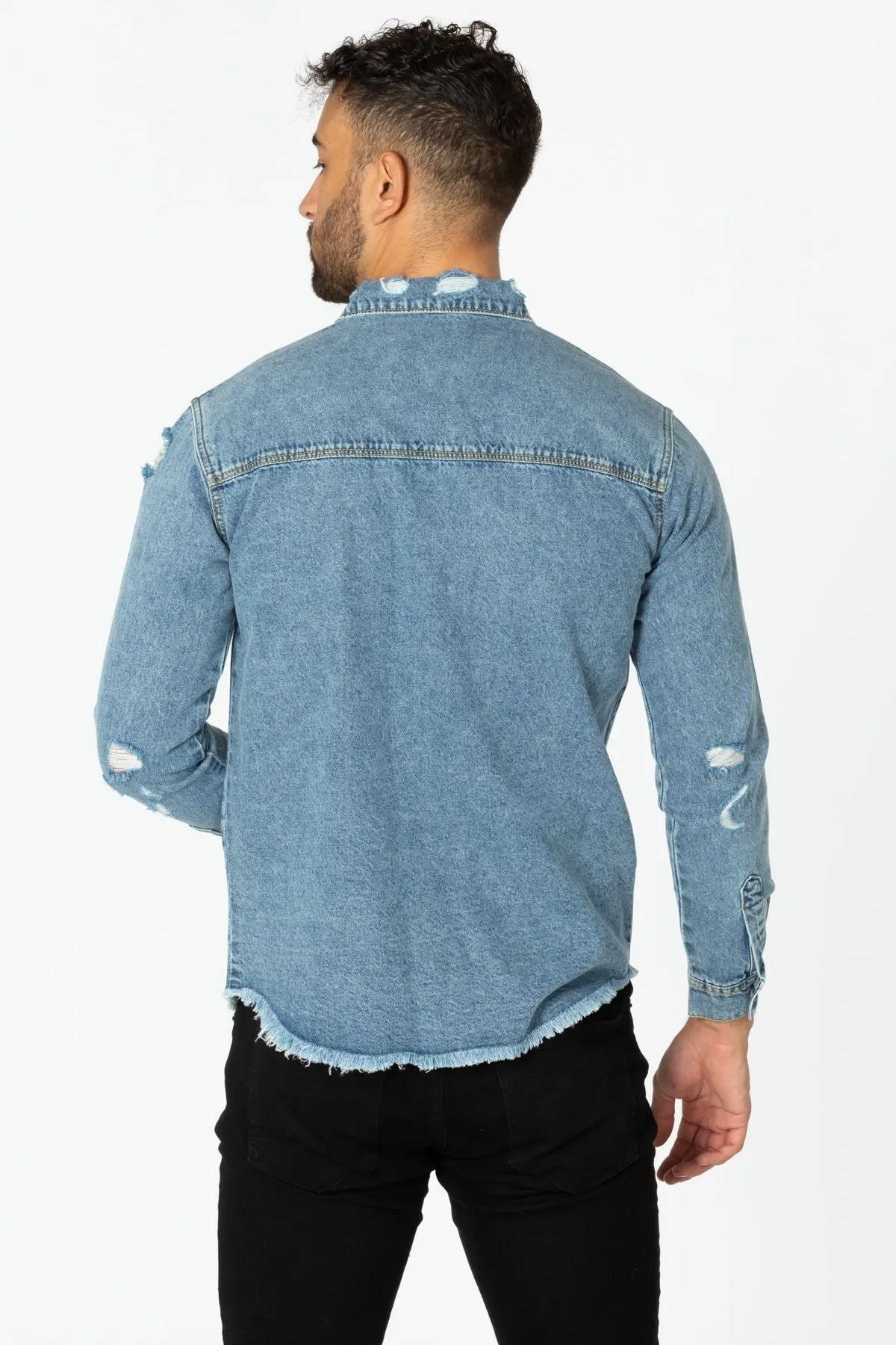 Men's Denim Shirt with Distressed