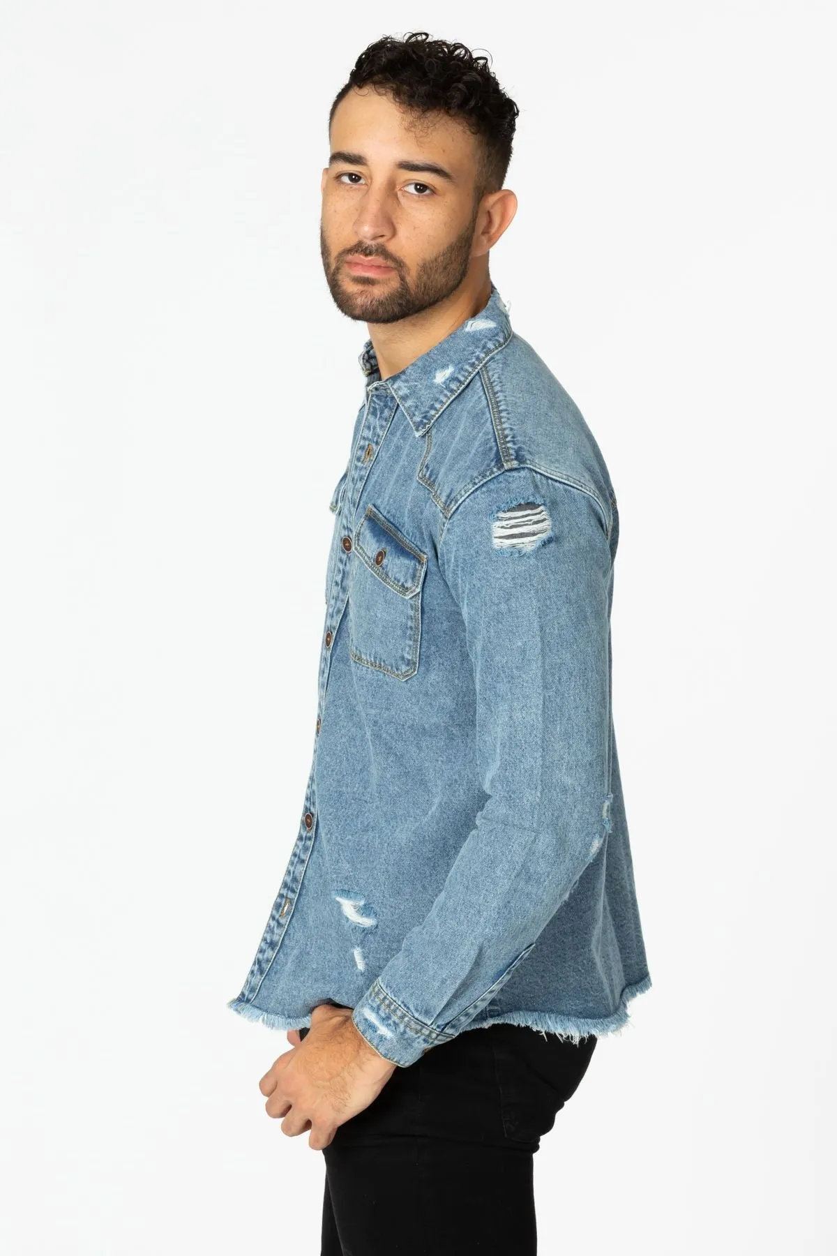 Men's Denim Shirt with Distressed