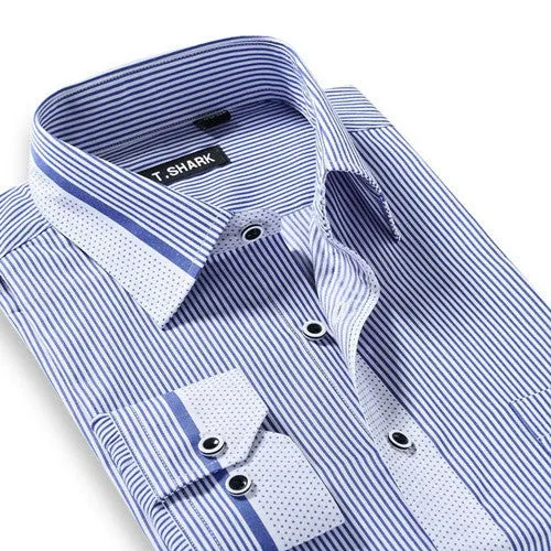 Men's Long Sleeve Light Blue/white Vertical Stripe Dress Shirt Regular-Fit Classic Turn-down Collar Business Formal Shirt