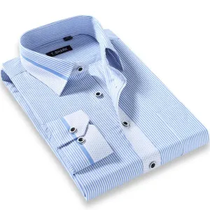 Men's Long Sleeve Light Blue/white Vertical Stripe Dress Shirt Regular-Fit Classic Turn-down Collar Business Formal Shirt