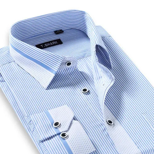 Men's Long Sleeve Light Blue/white Vertical Stripe Dress Shirt Regular-Fit Classic Turn-down Collar Business Formal Shirt