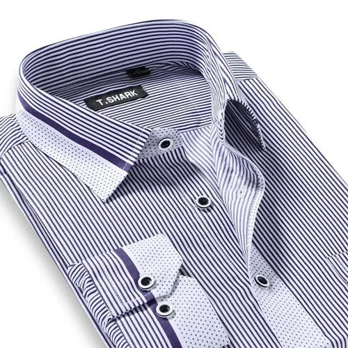 Men's Long Sleeve Light Blue/white Vertical Stripe Dress Shirt Regular-Fit Classic Turn-down Collar Business Formal Shirt
