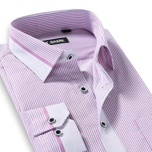 Men's Long Sleeve Light Blue/white Vertical Stripe Dress Shirt Regular-Fit Classic Turn-down Collar Business Formal Shirt