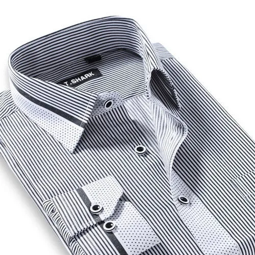 Men's Long Sleeve Light Blue/white Vertical Stripe Dress Shirt Regular-Fit Classic Turn-down Collar Business Formal Shirt