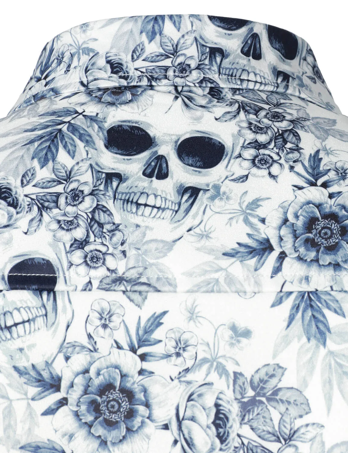 Men's Skull Floral Print Casual Button Long Sleeve Shirt