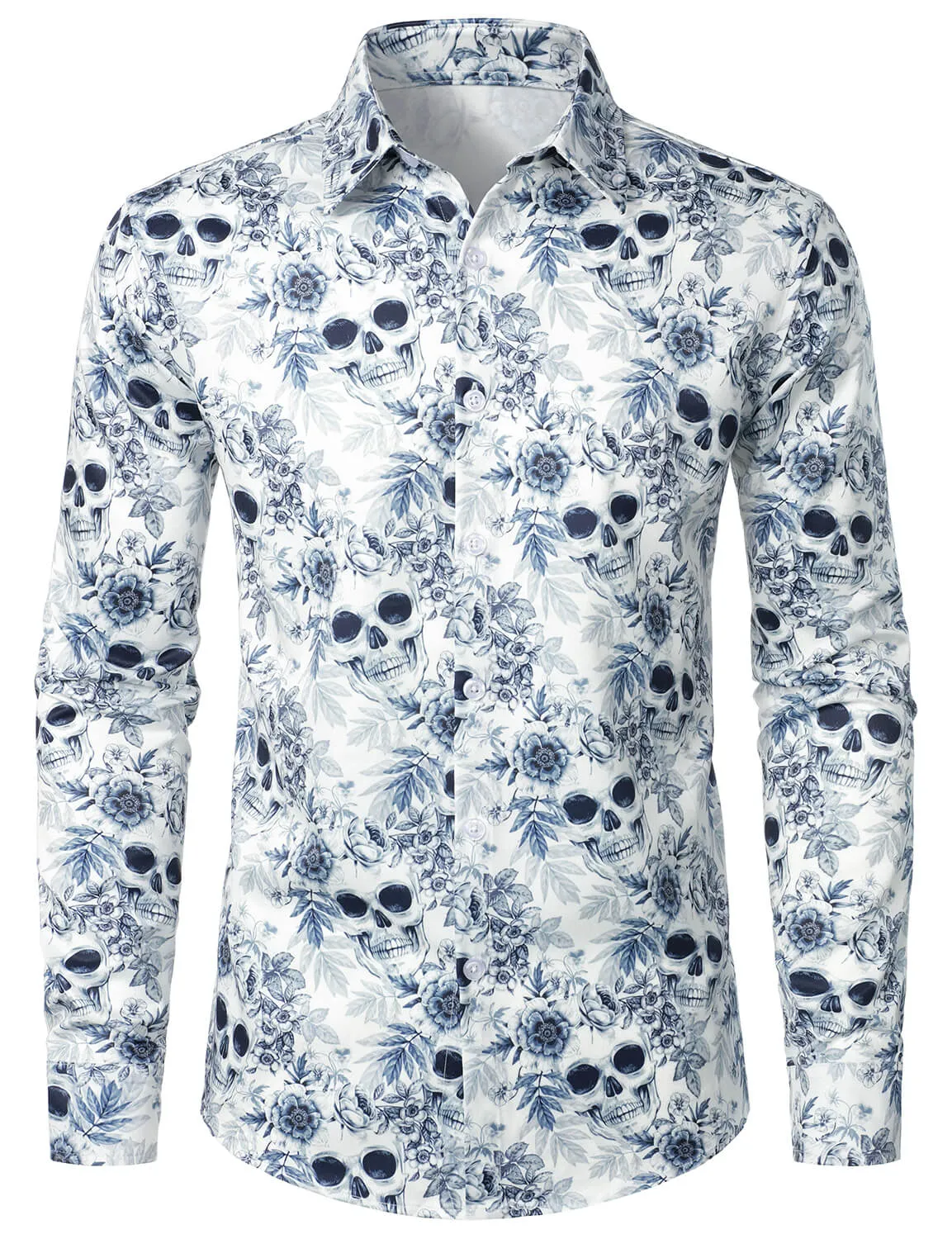 Men's Skull Floral Print Casual Button Long Sleeve Shirt