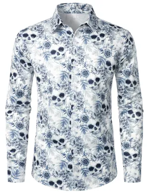 Men's Skull Floral Print Casual Button Long Sleeve Shirt