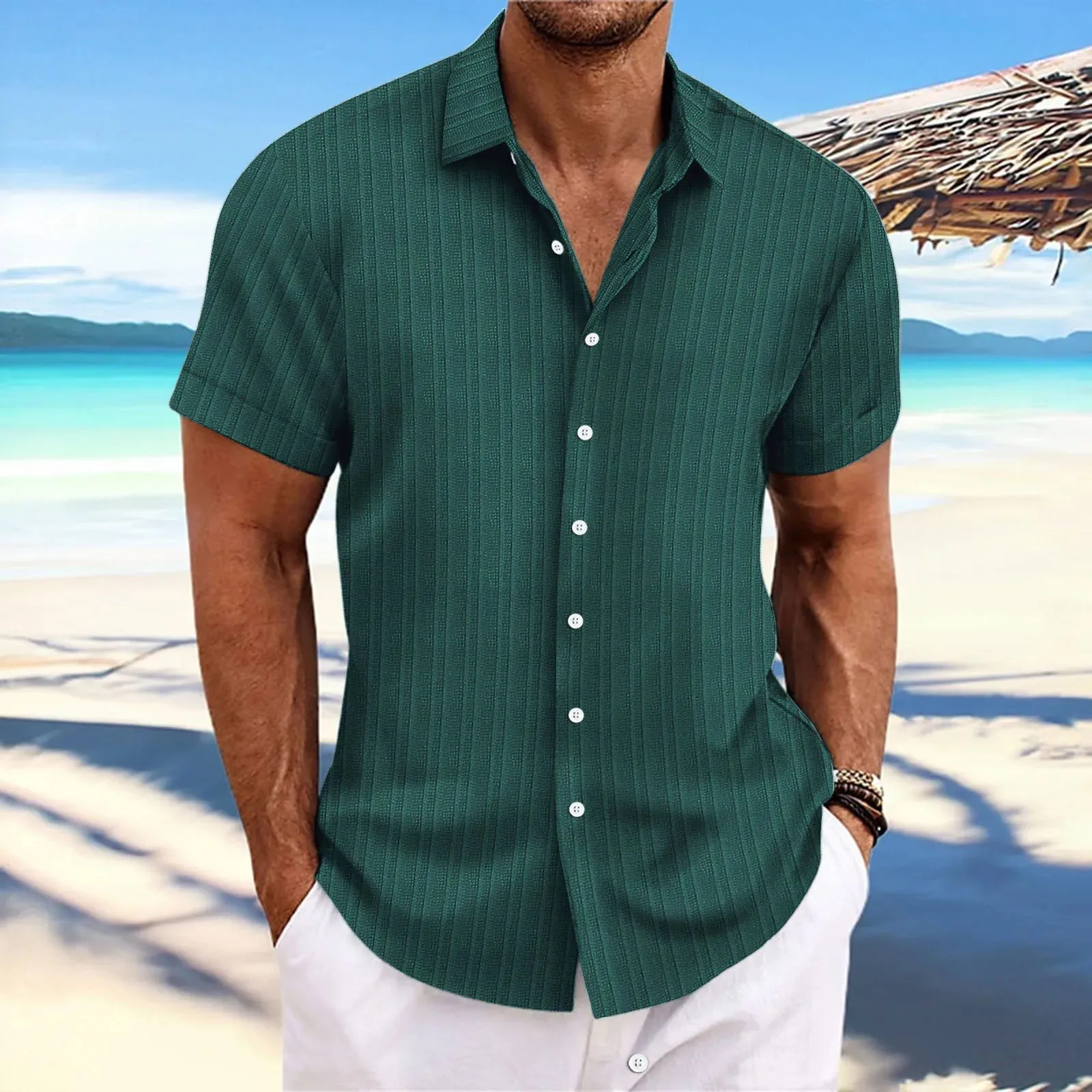 men's striped jacquard casual fashion comfortable loose short sleeve Hawaiian shirt