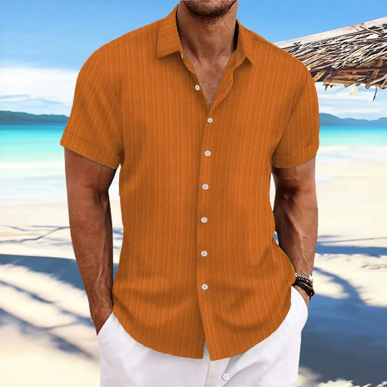 men's striped jacquard casual fashion comfortable loose short sleeve Hawaiian shirt