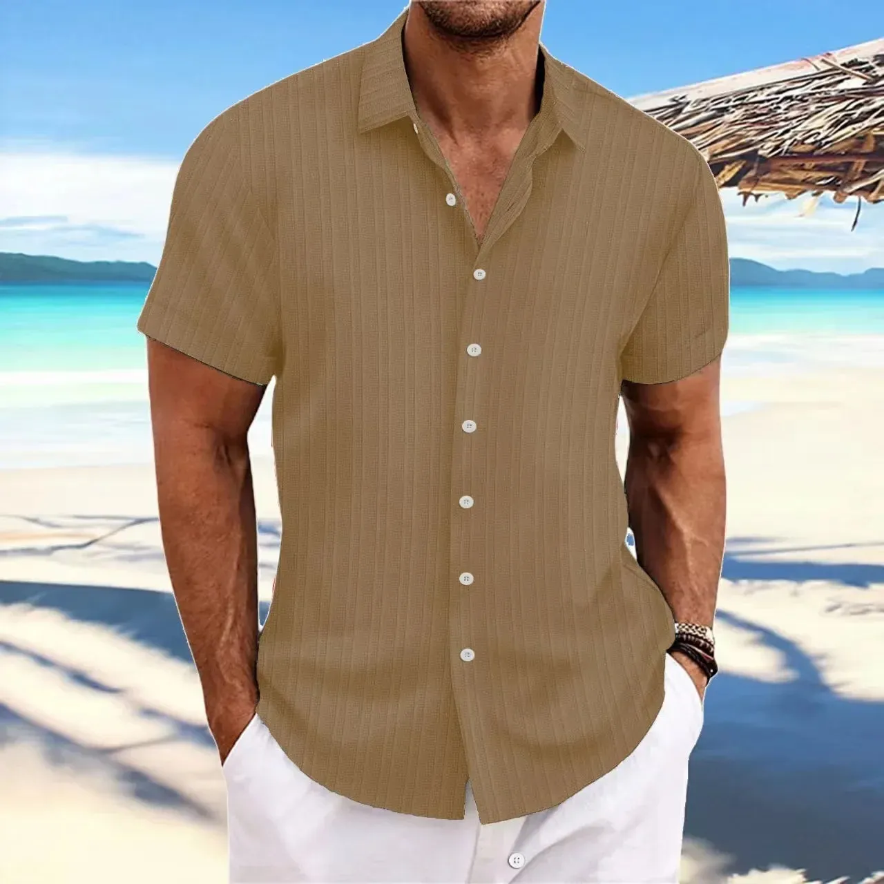 men's striped jacquard casual fashion comfortable loose short sleeve Hawaiian shirt