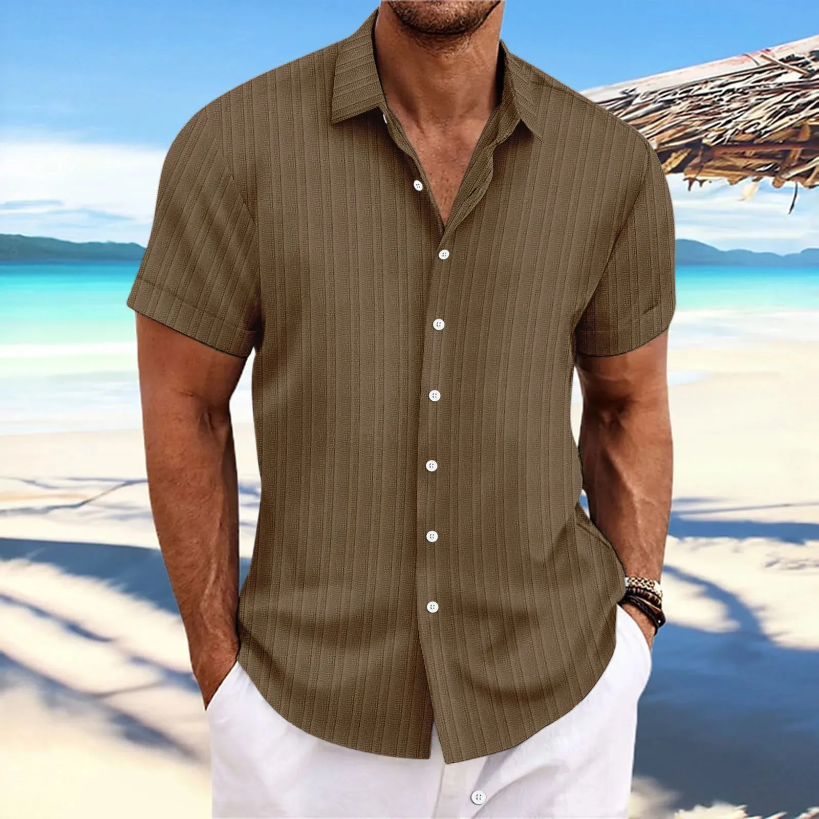 men's striped jacquard casual fashion comfortable loose short sleeve Hawaiian shirt
