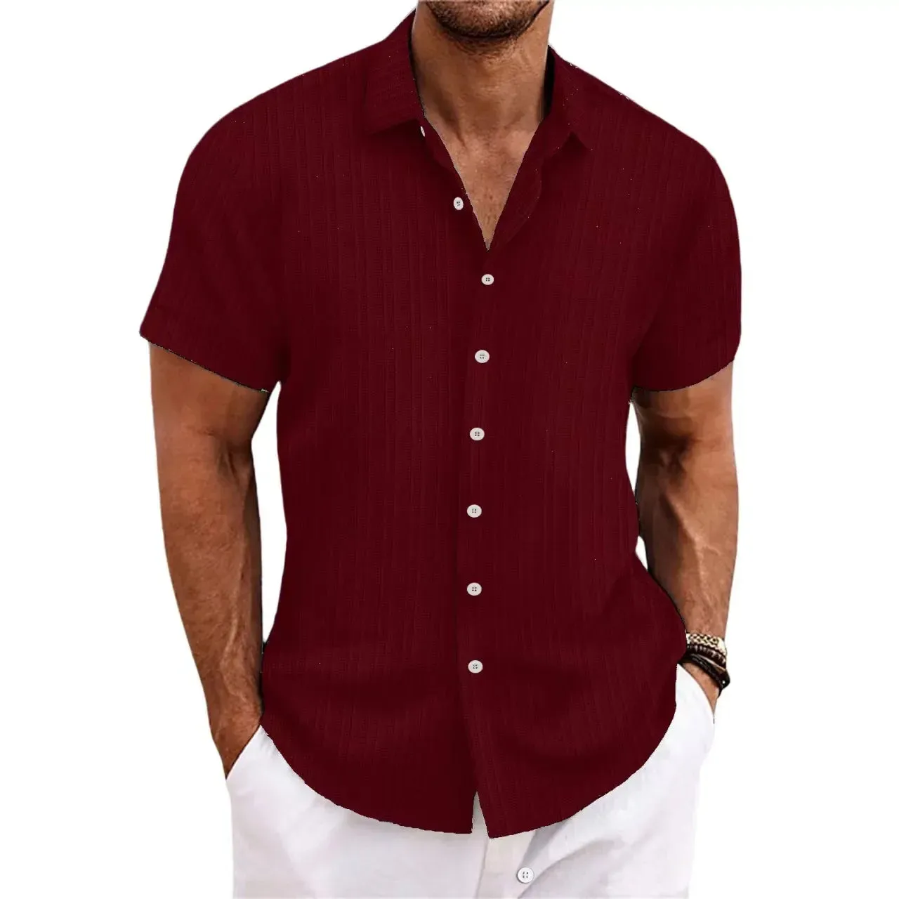 men's striped jacquard casual fashion comfortable loose short sleeve Hawaiian shirt