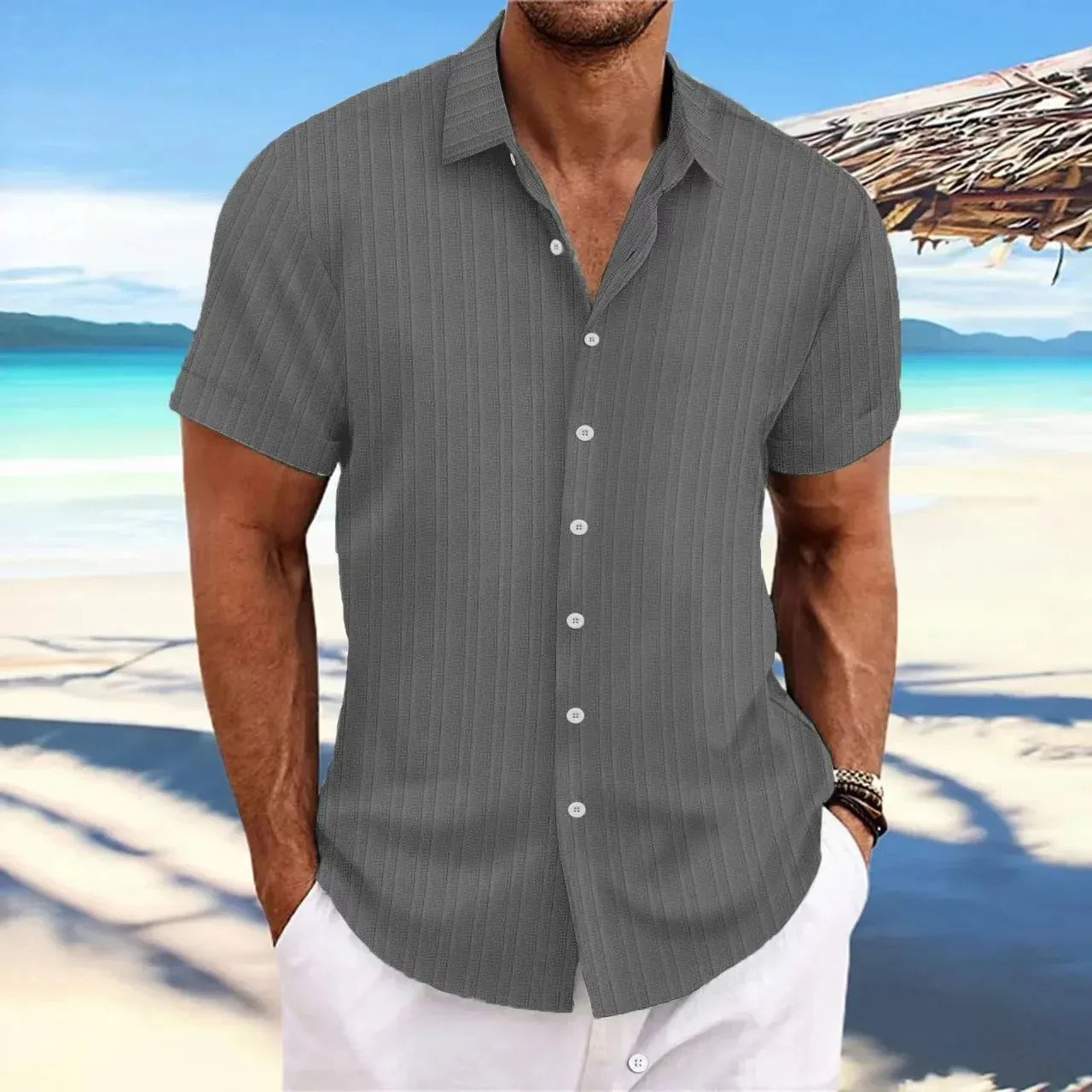 men's striped jacquard casual fashion comfortable loose short sleeve Hawaiian shirt