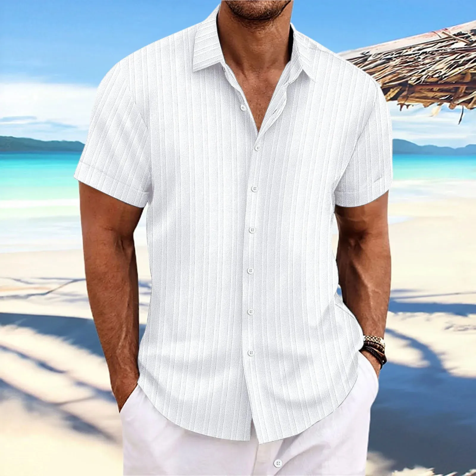 men's striped jacquard casual fashion comfortable loose short sleeve Hawaiian shirt