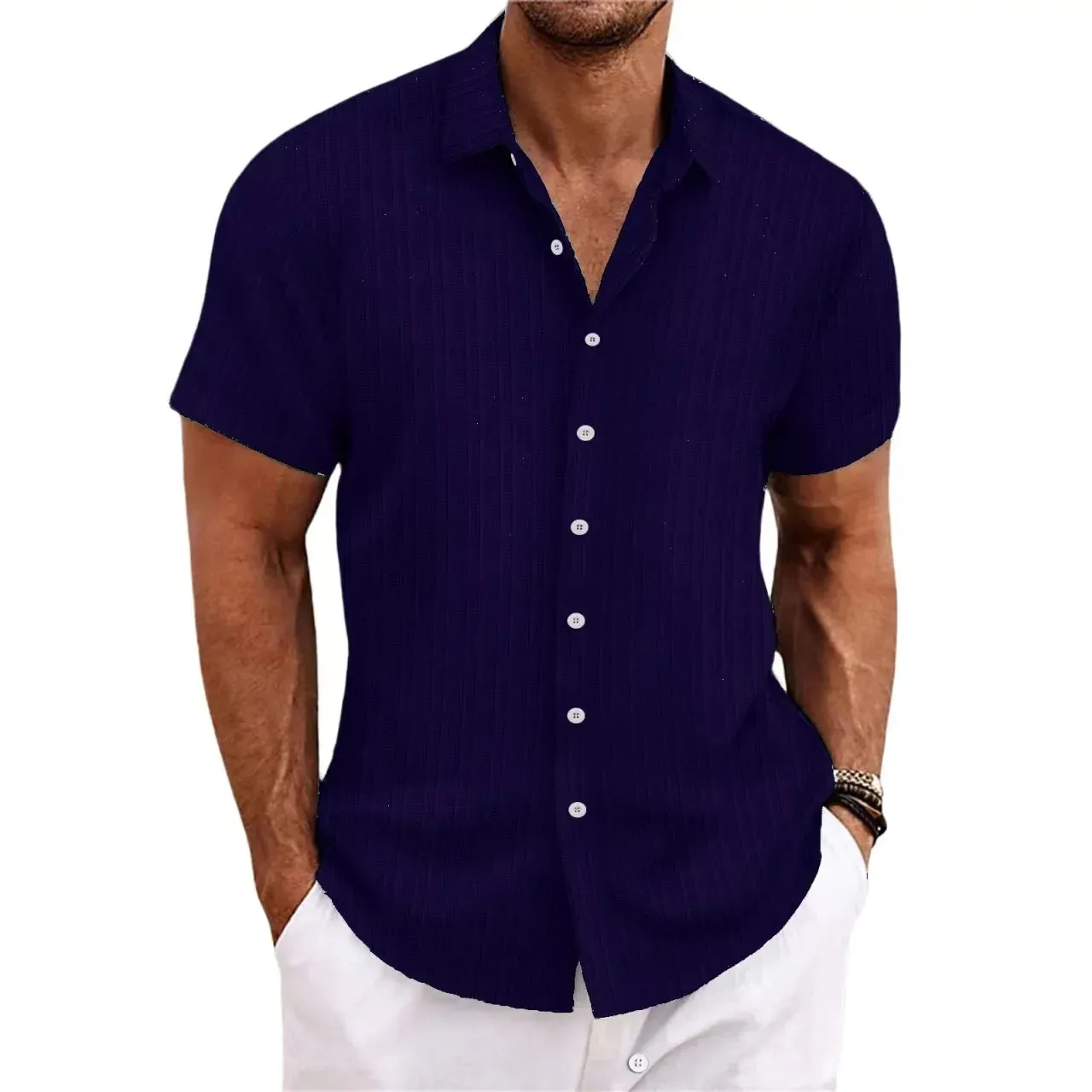 men's striped jacquard casual fashion comfortable loose short sleeve Hawaiian shirt