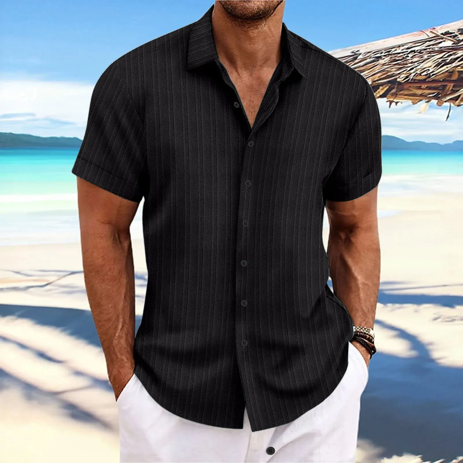 men's striped jacquard casual fashion comfortable loose short sleeve Hawaiian shirt
