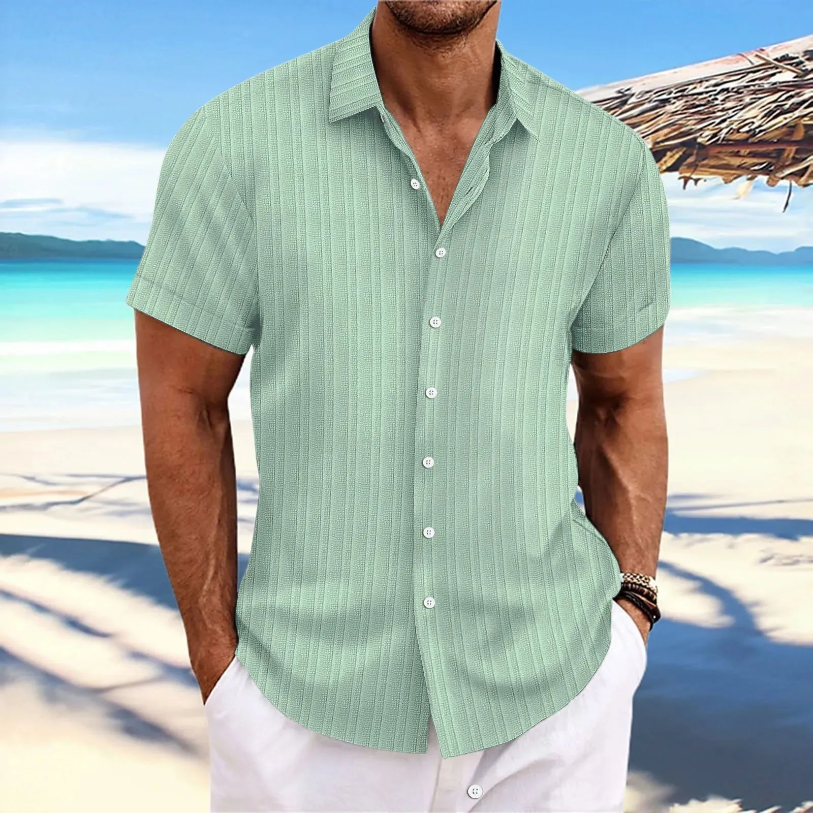 men's striped jacquard casual fashion comfortable loose short sleeve Hawaiian shirt