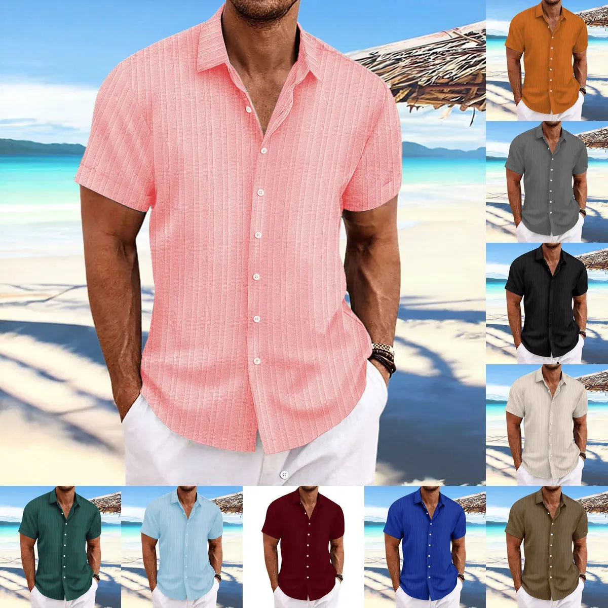 men's striped jacquard casual fashion comfortable loose short sleeve Hawaiian shirt